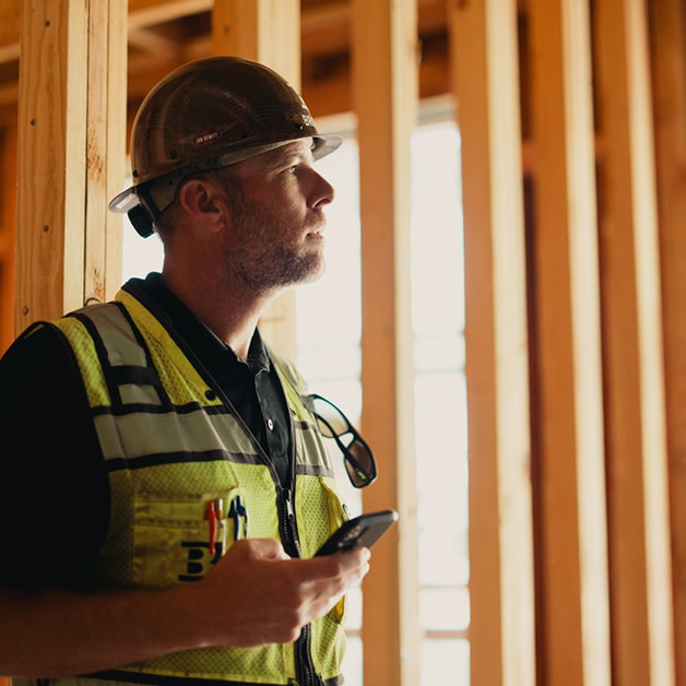 A construction worker holding a phone while looking out standing at a construction site
