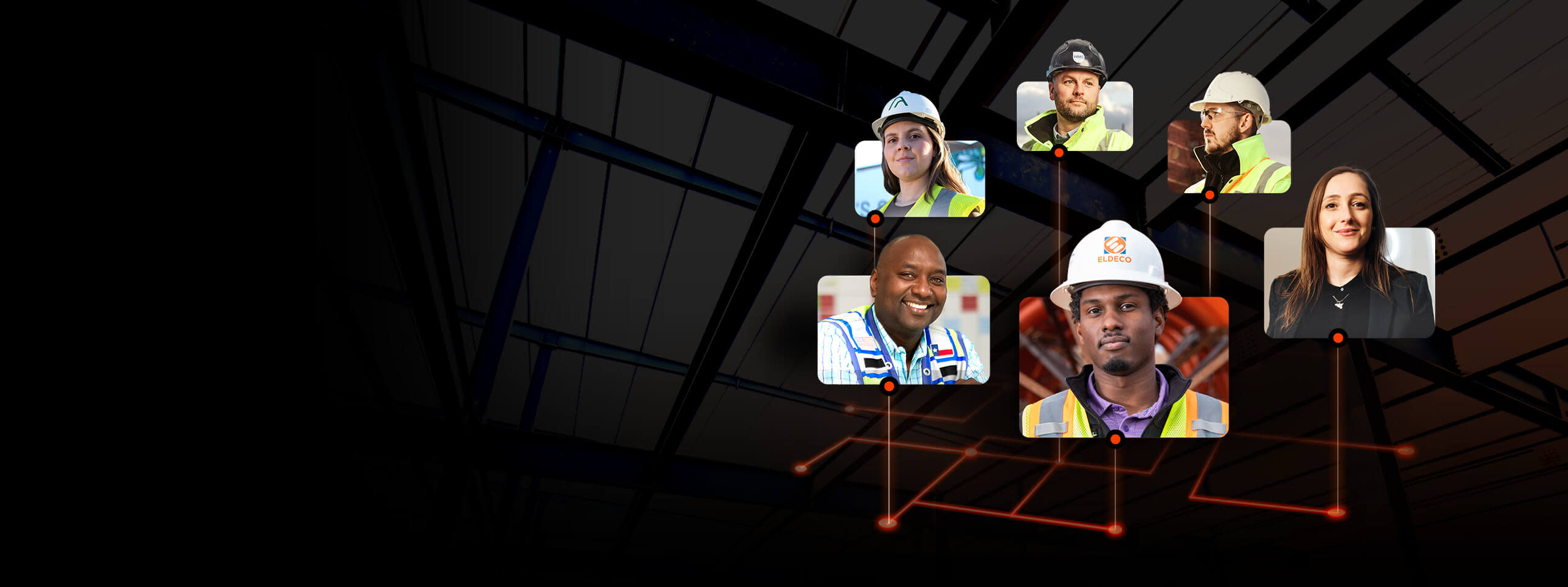 black background hero with headshots of different construction workers to the right