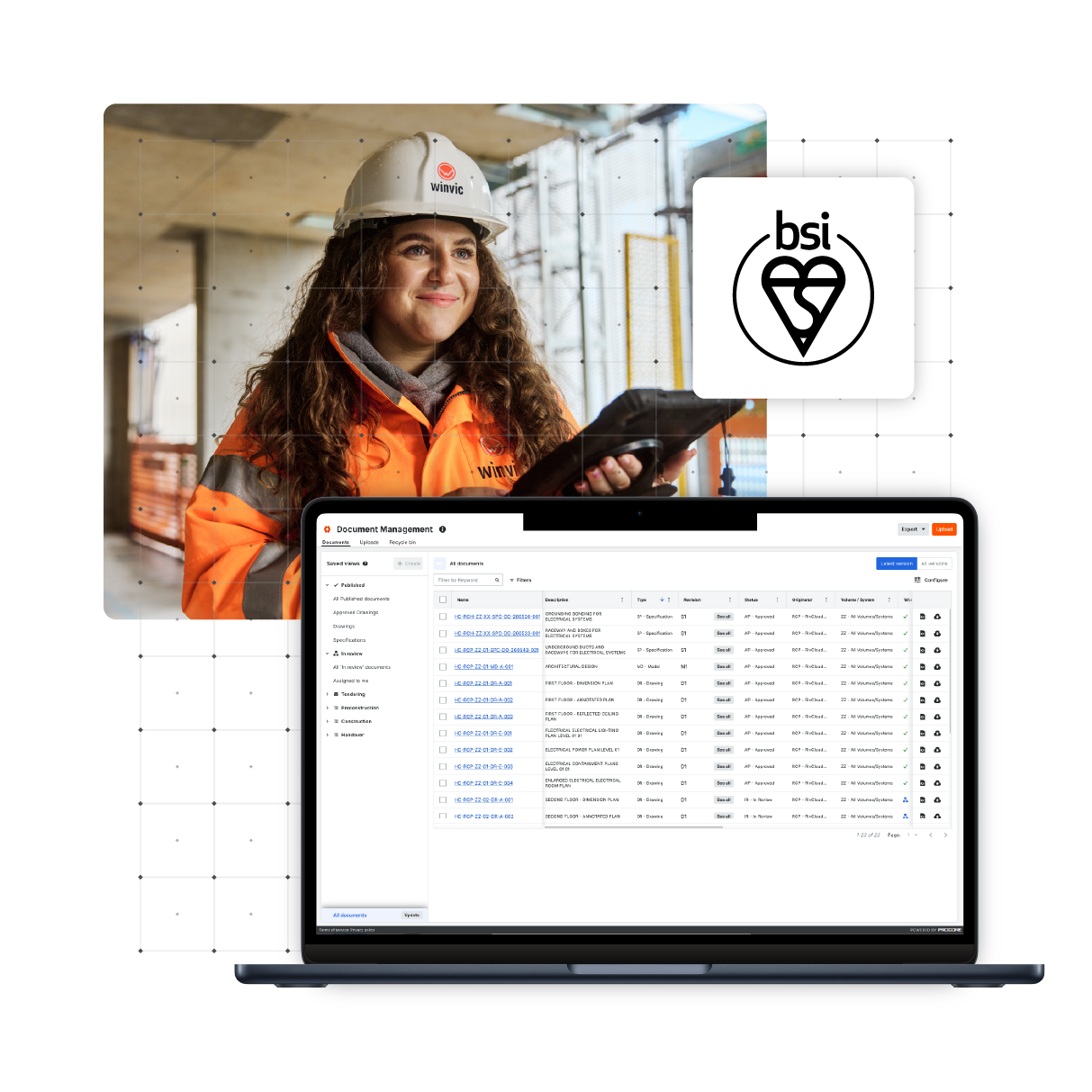 An image of a contractor, a screenshot of Procore's UI and BSI's logo