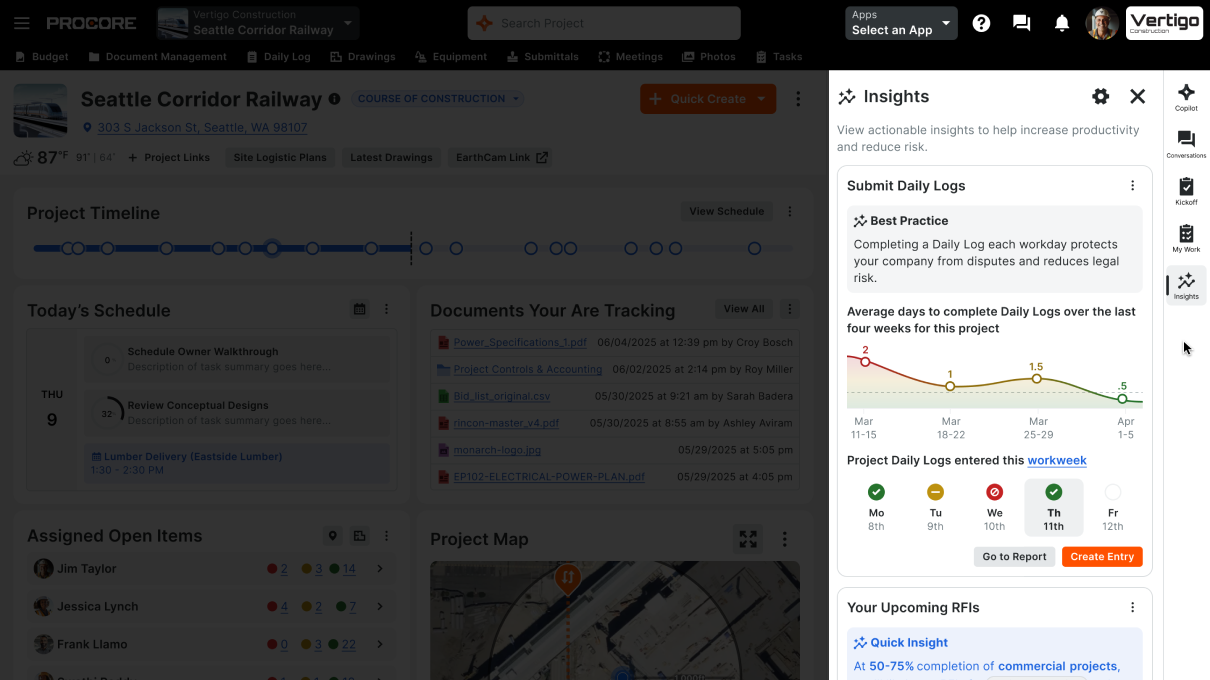 Screen of Procore's insights tool