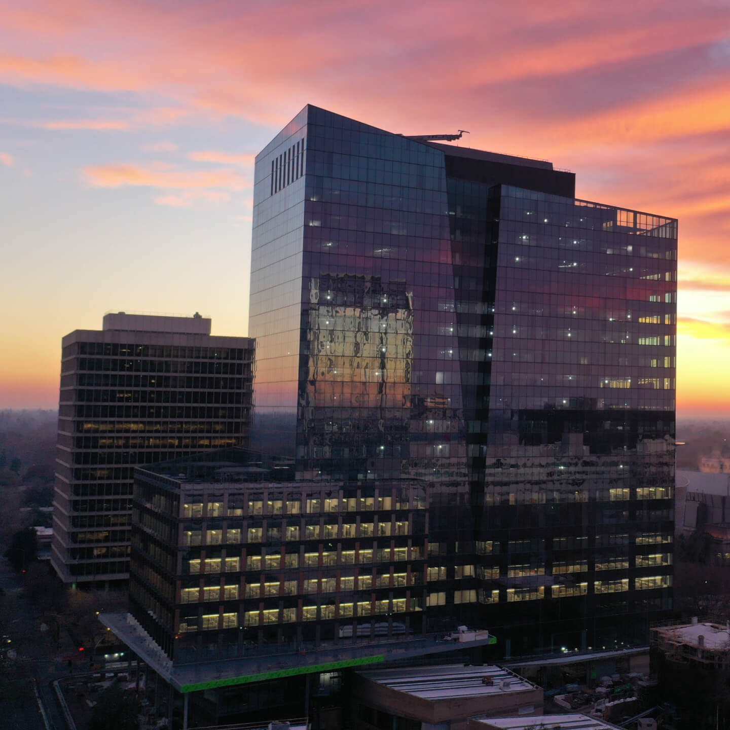 Aerial city view during sunset