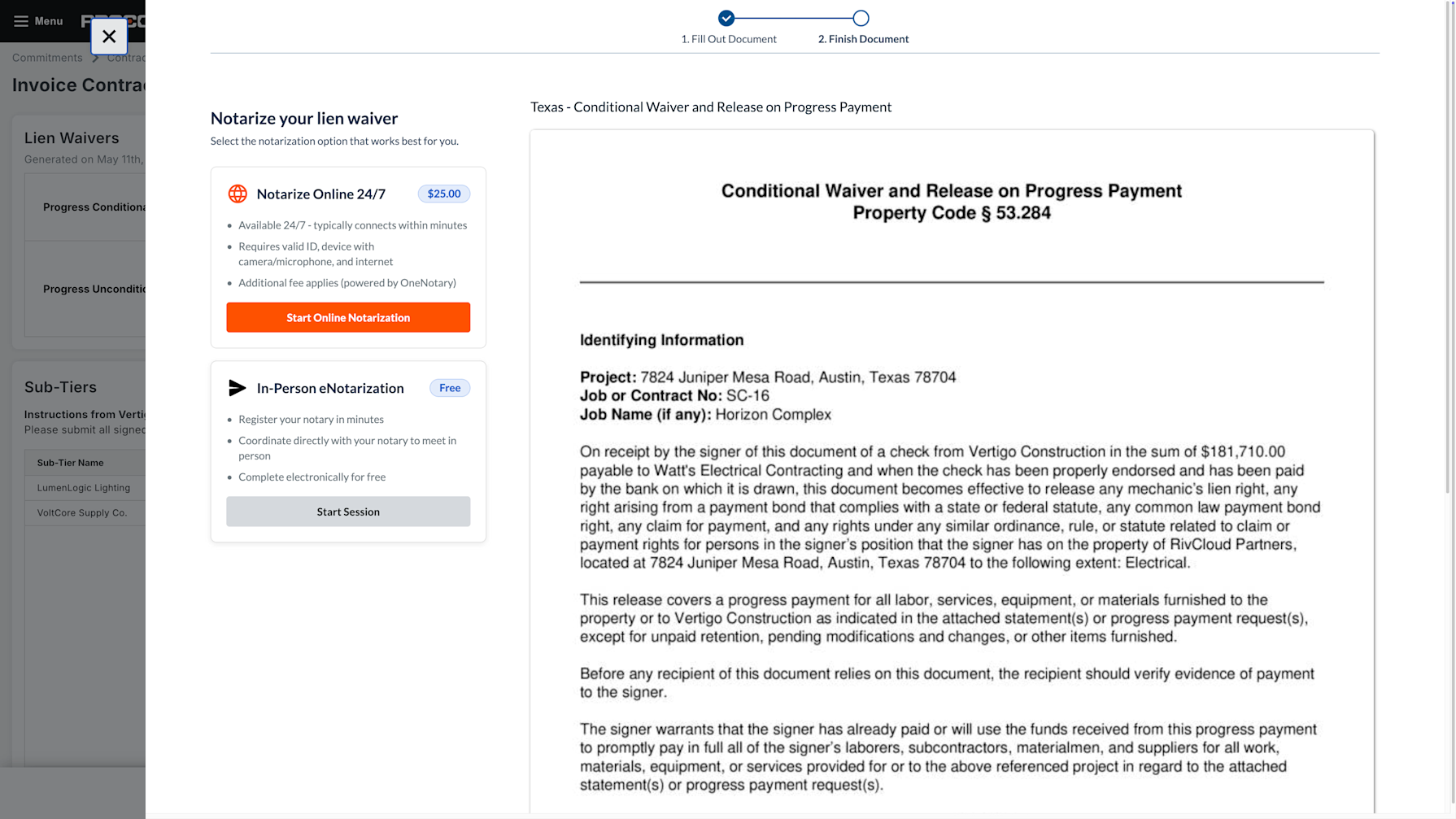 Document workflow showing notarization options for Texas lien waiver form with online and in-person eNotarization choices.