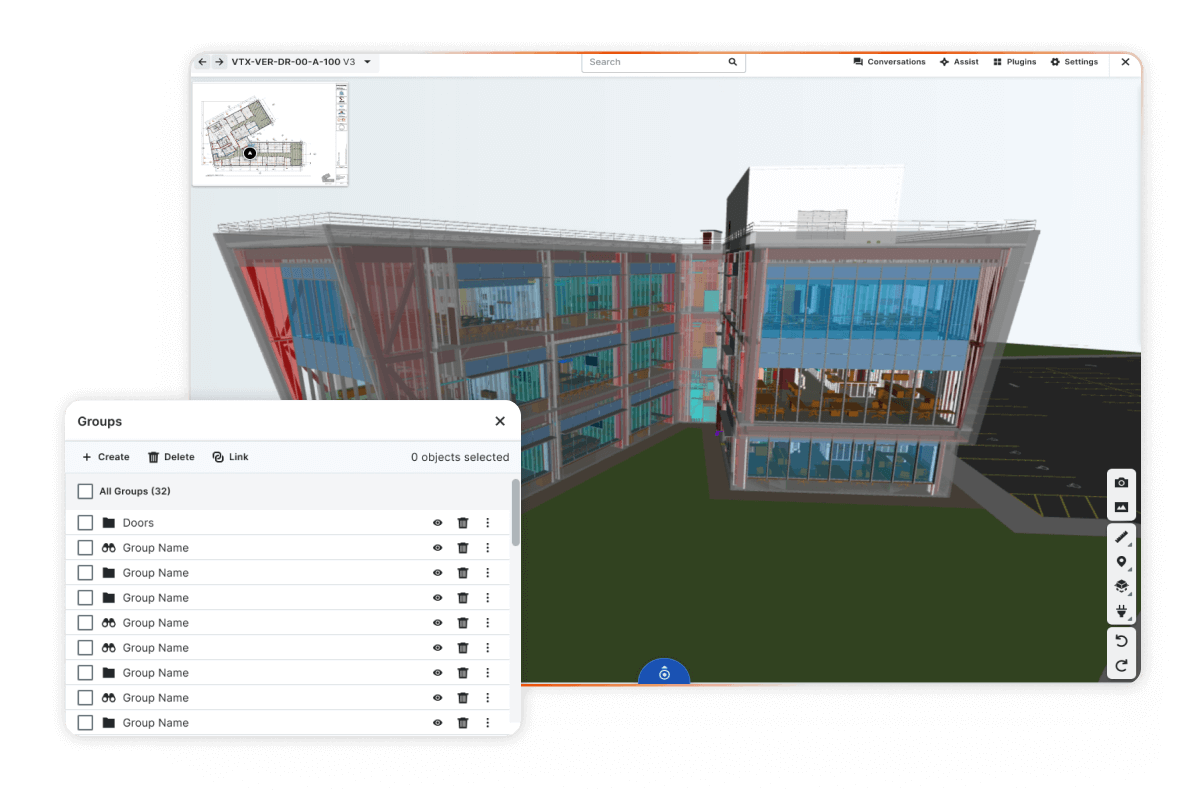 A computer screen displays a detailed 3D model of a modern building design.