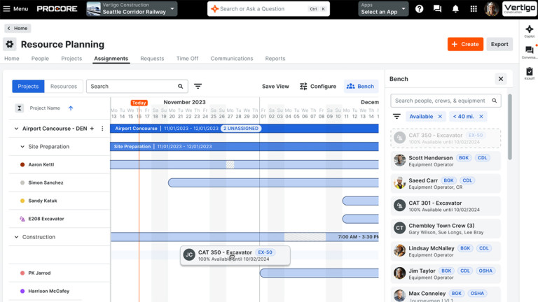 Procore Resource Planning Product Screen