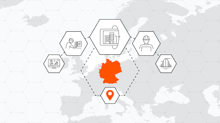 Germany map with icons of 5 focus areas for building better