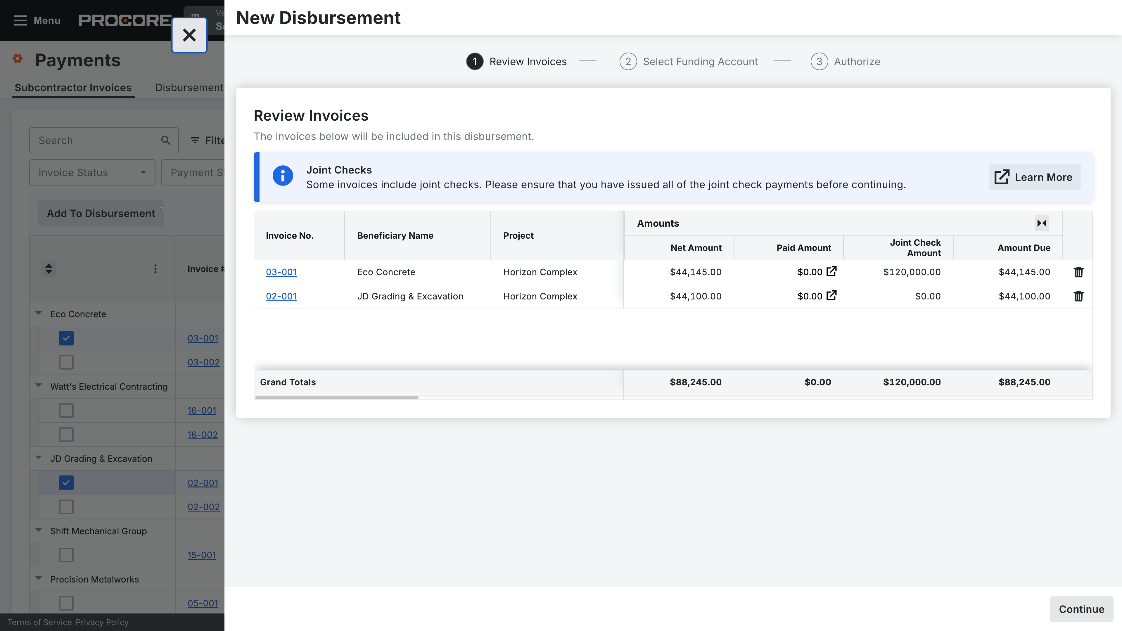 Screen capture of Procore's New Disbursement feature