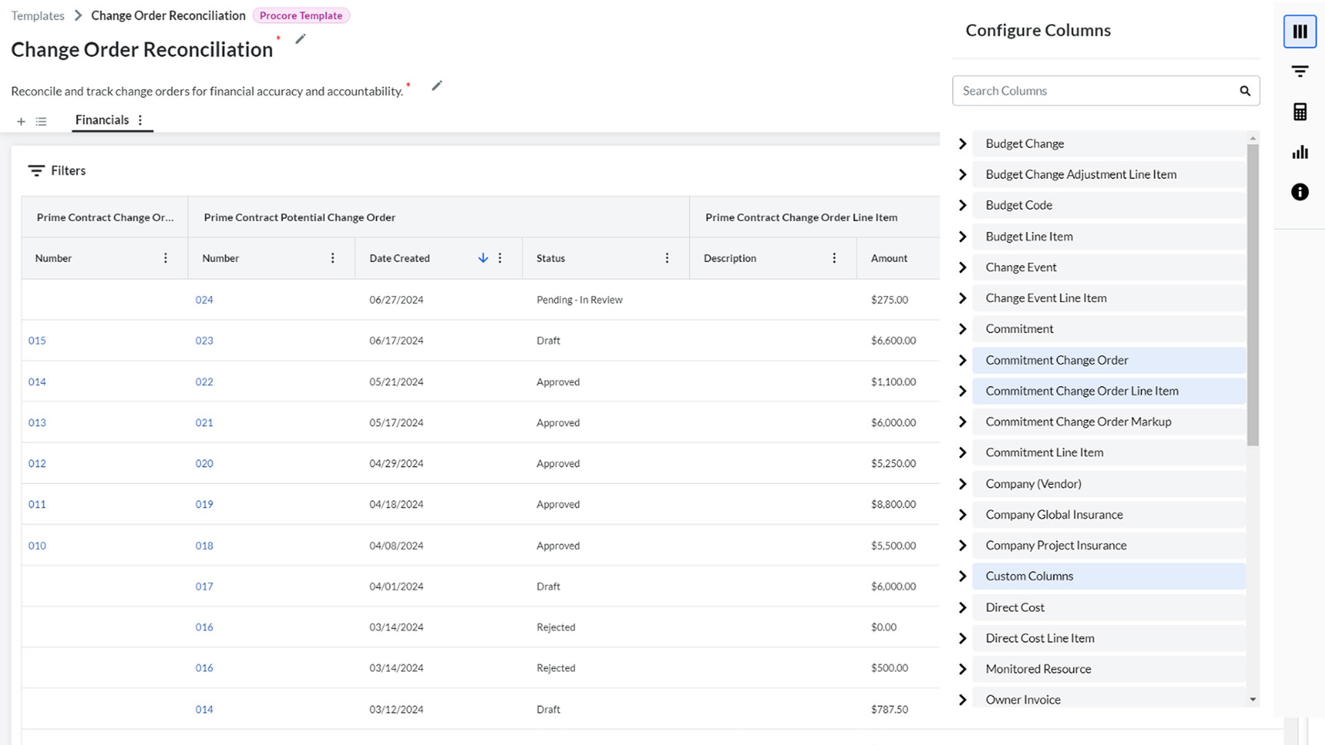 Screen capture of Procore's change order tool