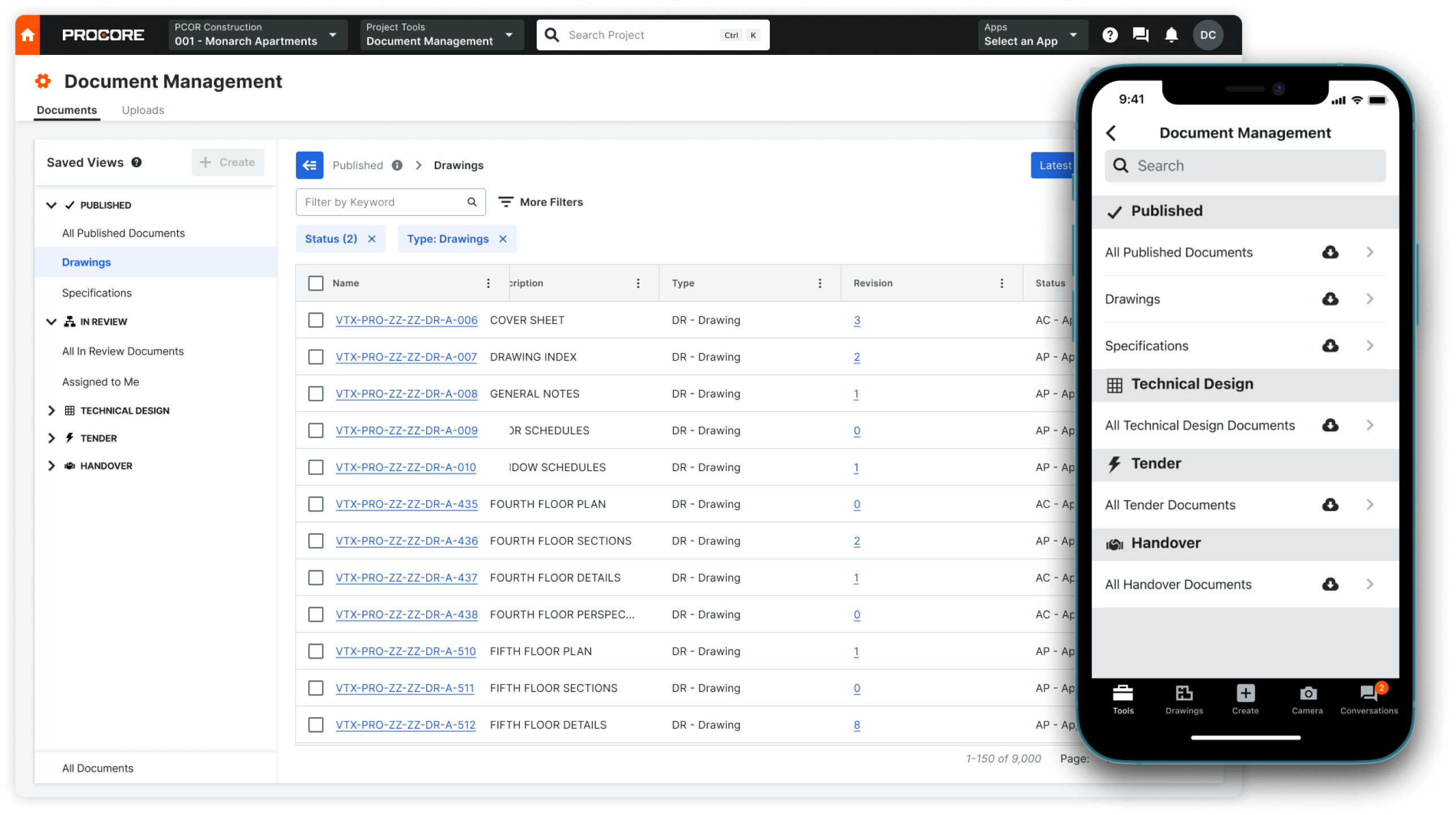 A phone showing Procore's document management tool