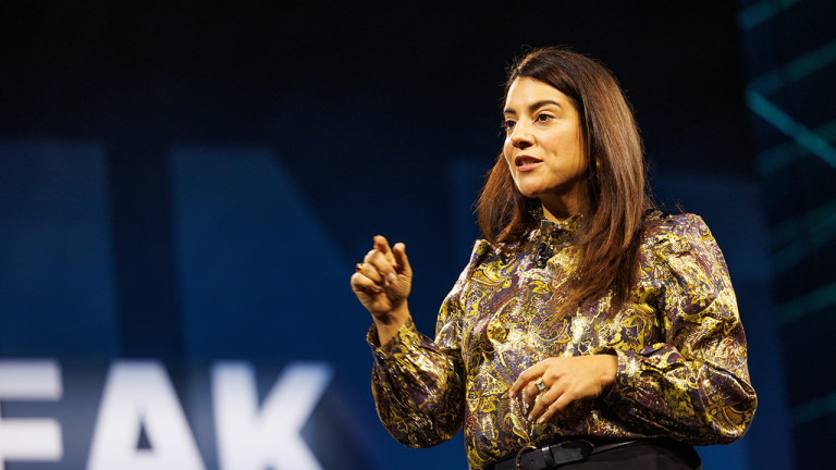 Reshma Saujani speaking on the Groundbreak stage