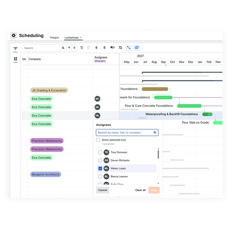 Construction project Gantt chart with tasks, dates, and assignees shown.