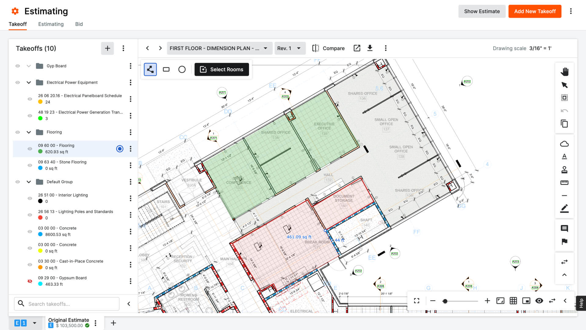 screen capture of Estimating data on Procore