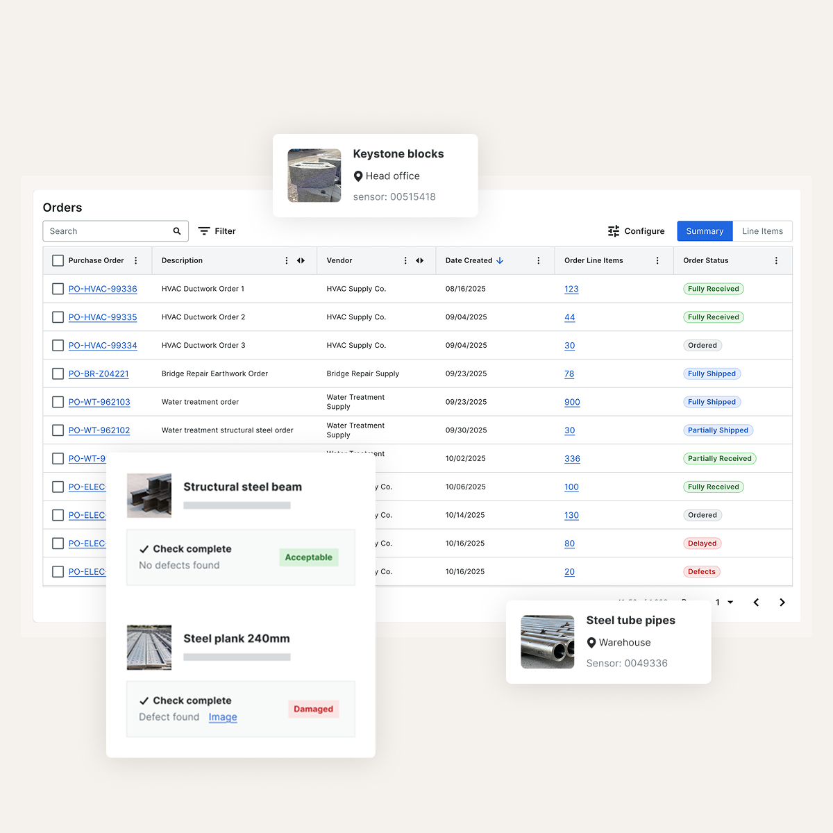 Orders management interface showing purchase orders table with vendor details, dates, and status tracking.