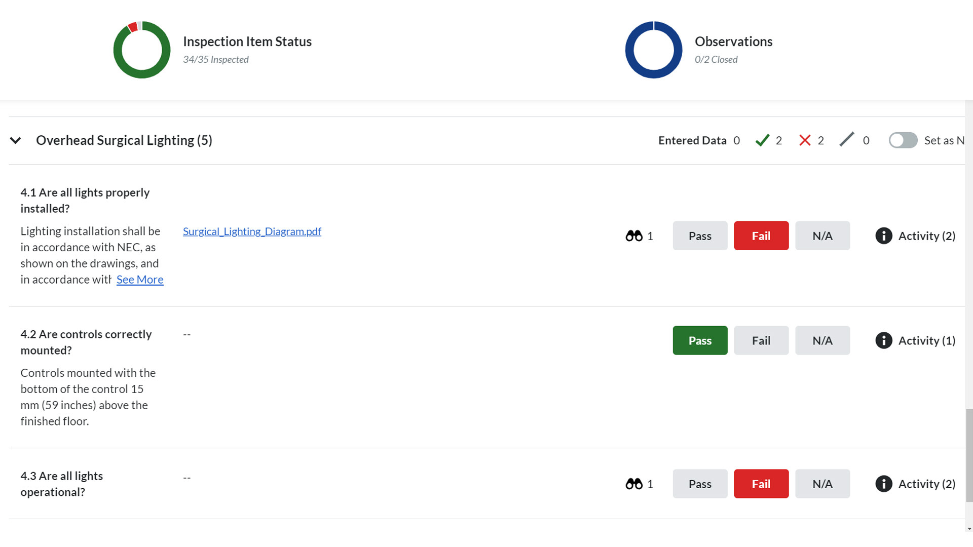 Screen of Procore's inspections tool