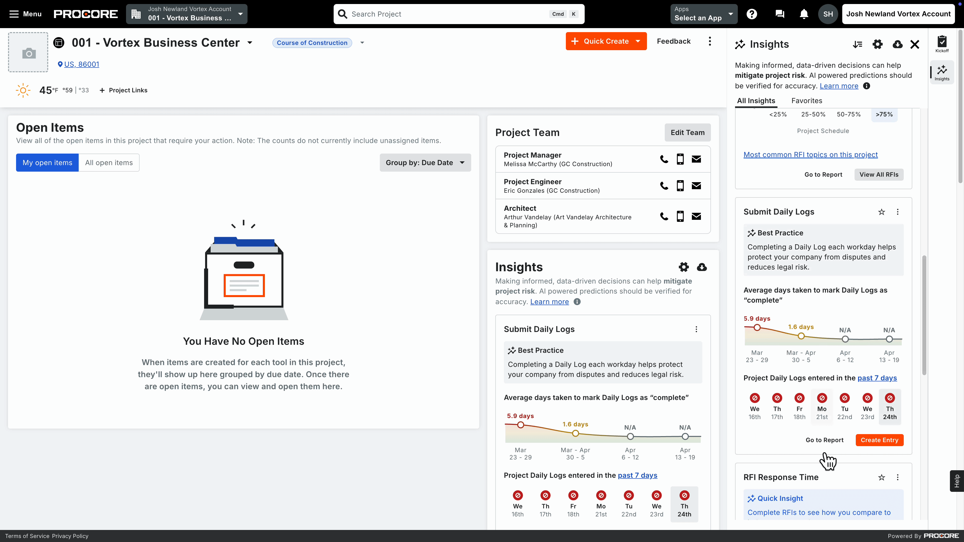 Procore Insights product screen on a desktop