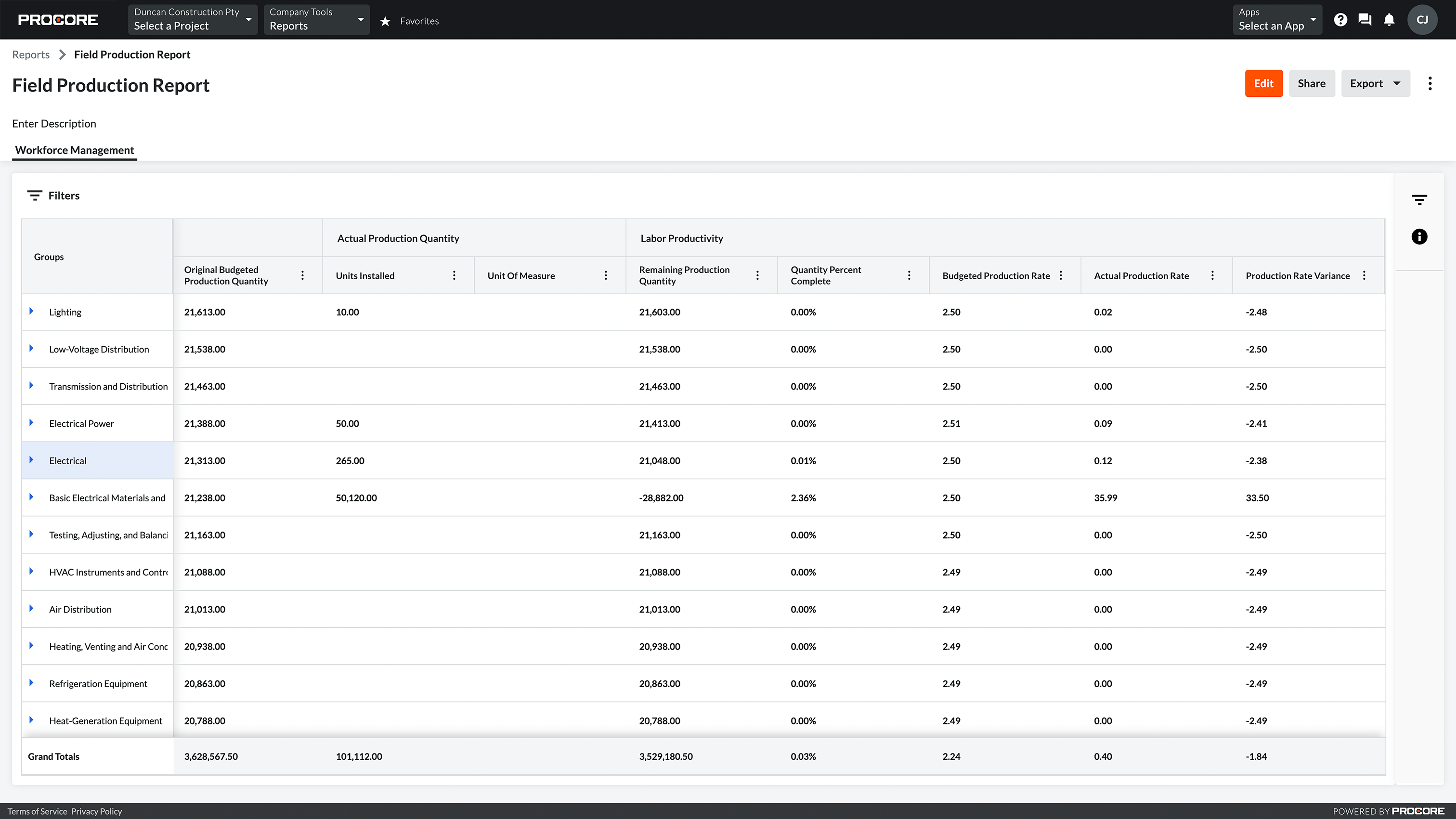 Screen of Procore's Reporting tool