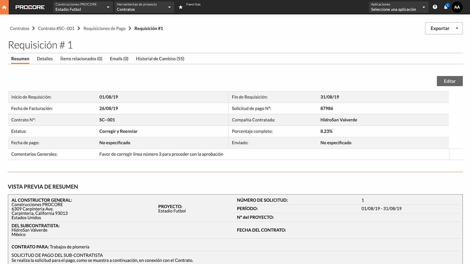 Procore invoice screen