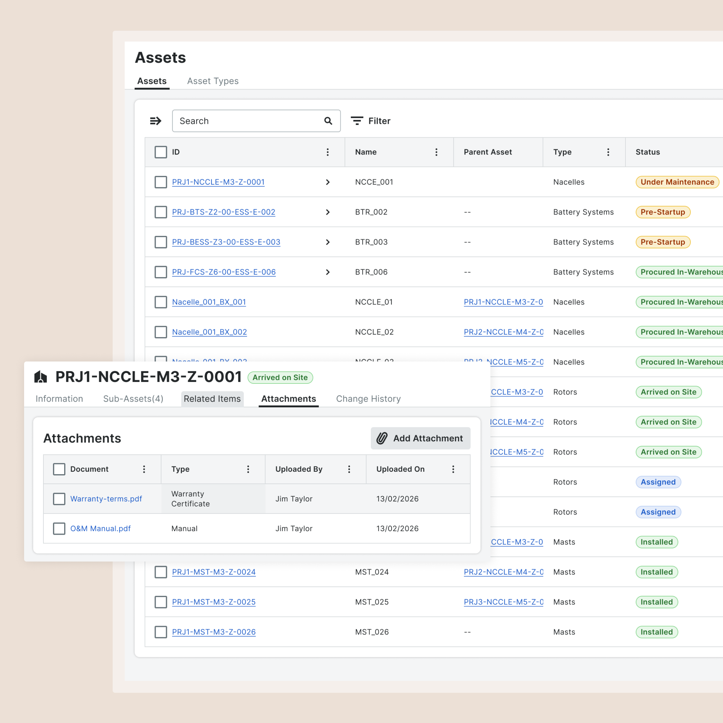 Asset management interface showing equipment list with attachments tab displaying warranty and manual documents.