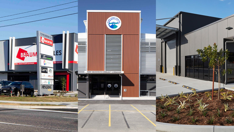 Three images of various warehouse shopfronts, highly industrial looking.