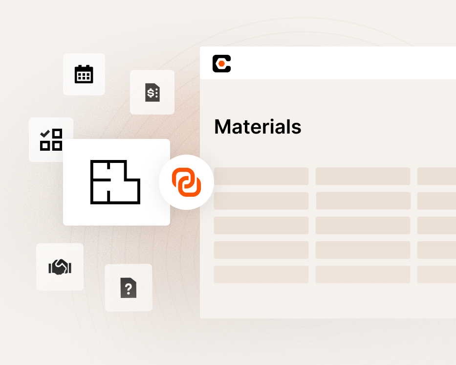 Interface showing Materials section with various icons including calendar, pricing, layout, and help options.