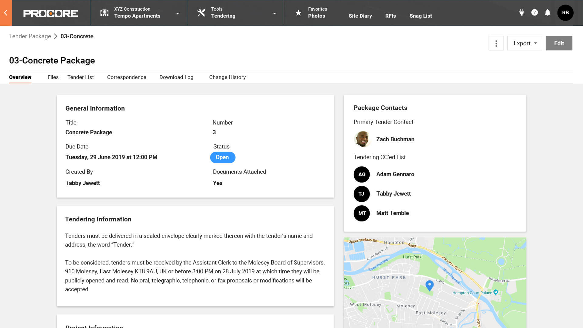 Procore tendering tool