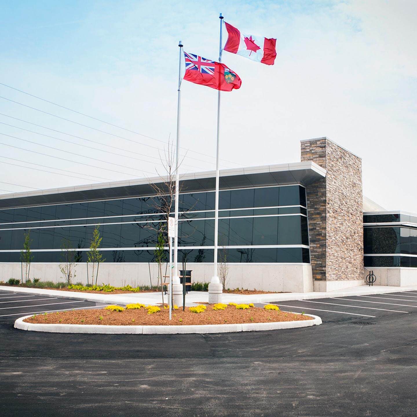 Low angle view of a building and parking lot