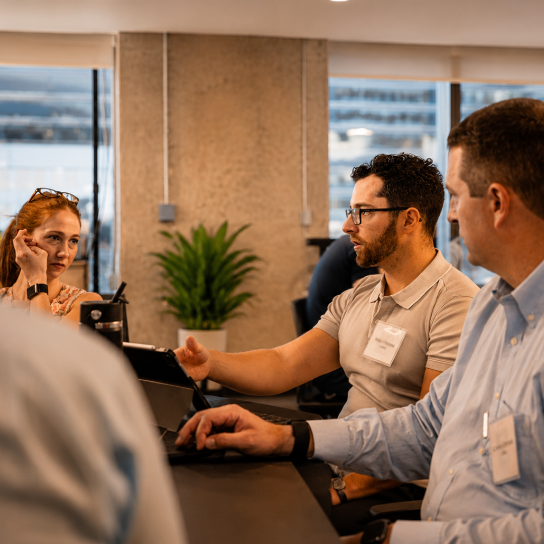 Business team collaborating at modern office table with city view