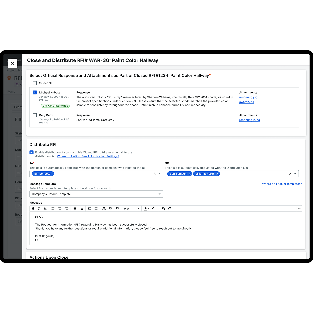 Procore's RFI tool UI