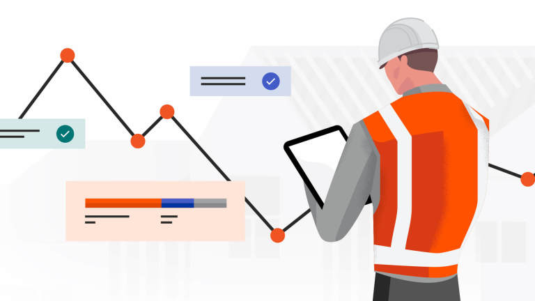 Graphic image of a contractor reviewing data on a tablet