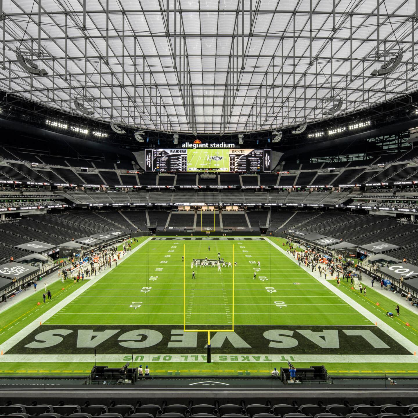 Inside of allegiant stadium, looking down field