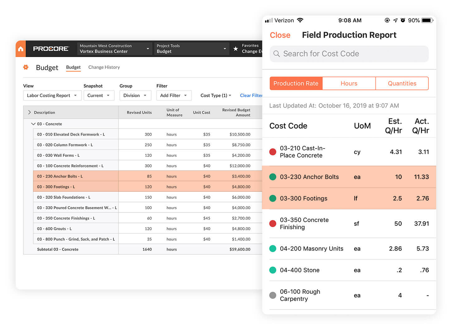 Project Financials app screen