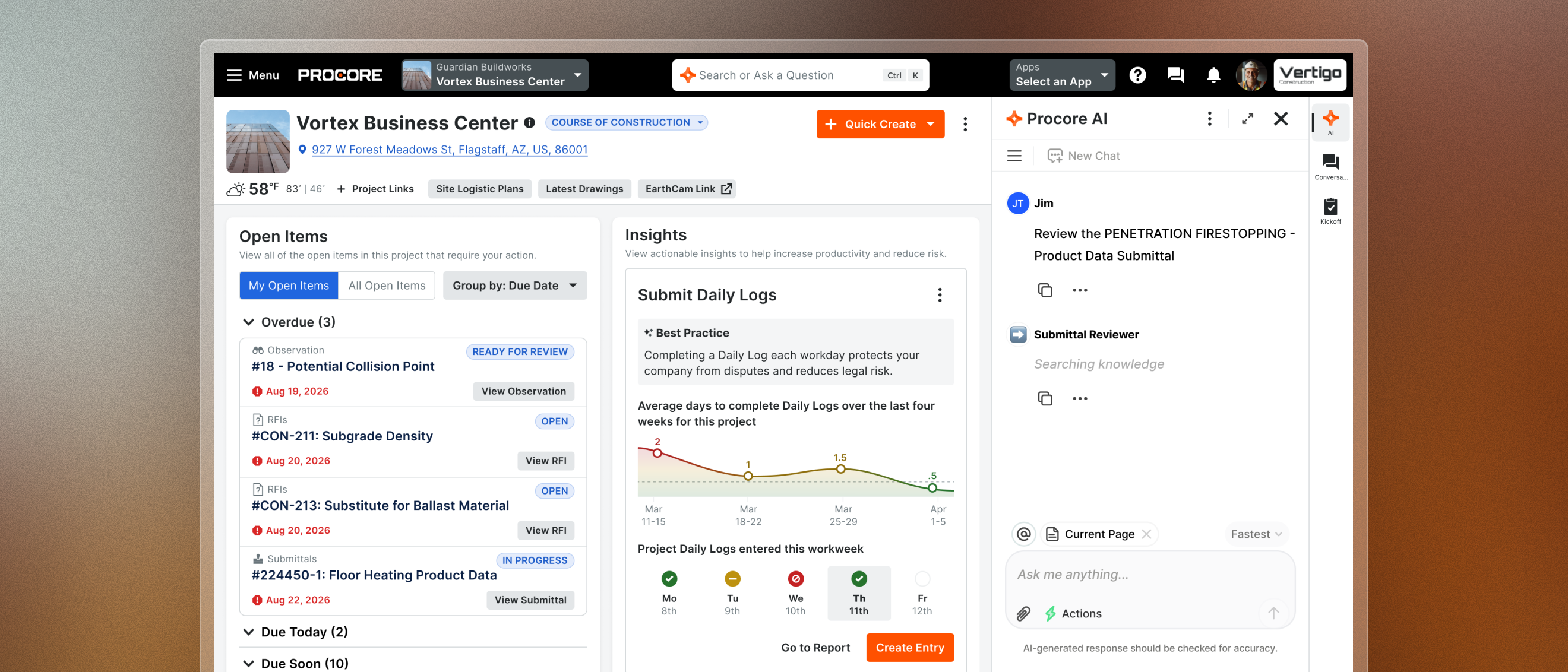 Procore project management dashboard for Vortex Business Center construction site