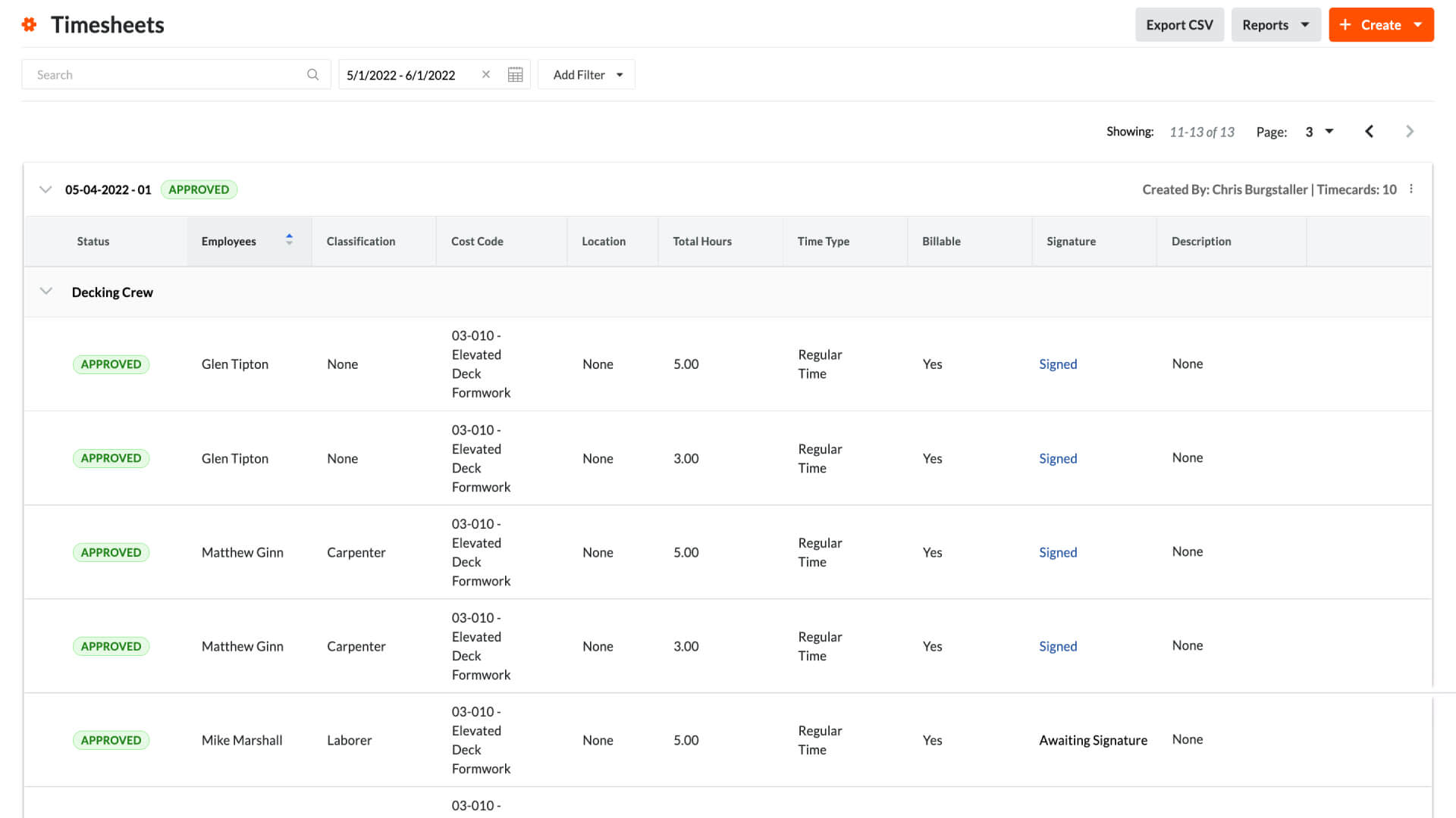 screen capture of timesheets on Procore