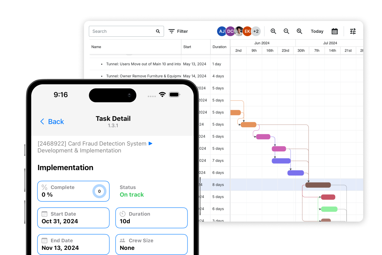 Procore's task UI on a desktop and a phone