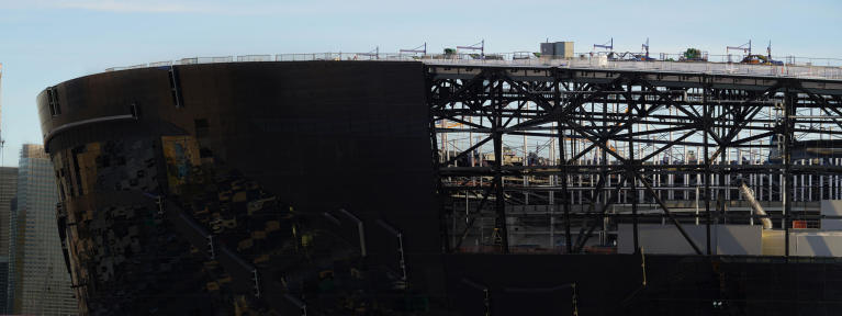 Close up view of Allegiant Stadium's final phase of construction