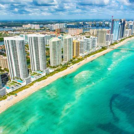 Aerial view of buildings on the coast