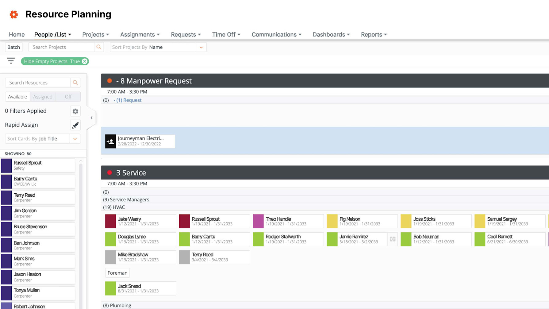 Resource Planning Product Screen