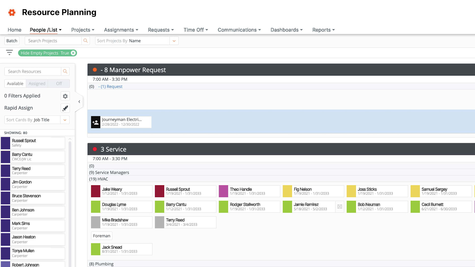 Resource Planning Product Screen