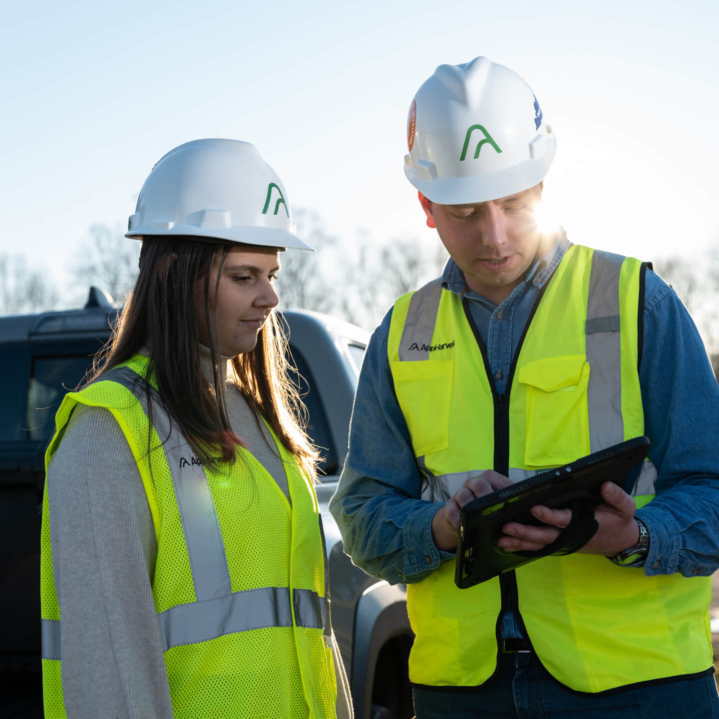 Construction workers using Procore on a jobsite