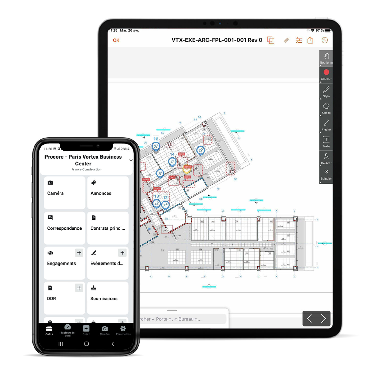 Paris Vortex Business Center project's blueprints on Procore