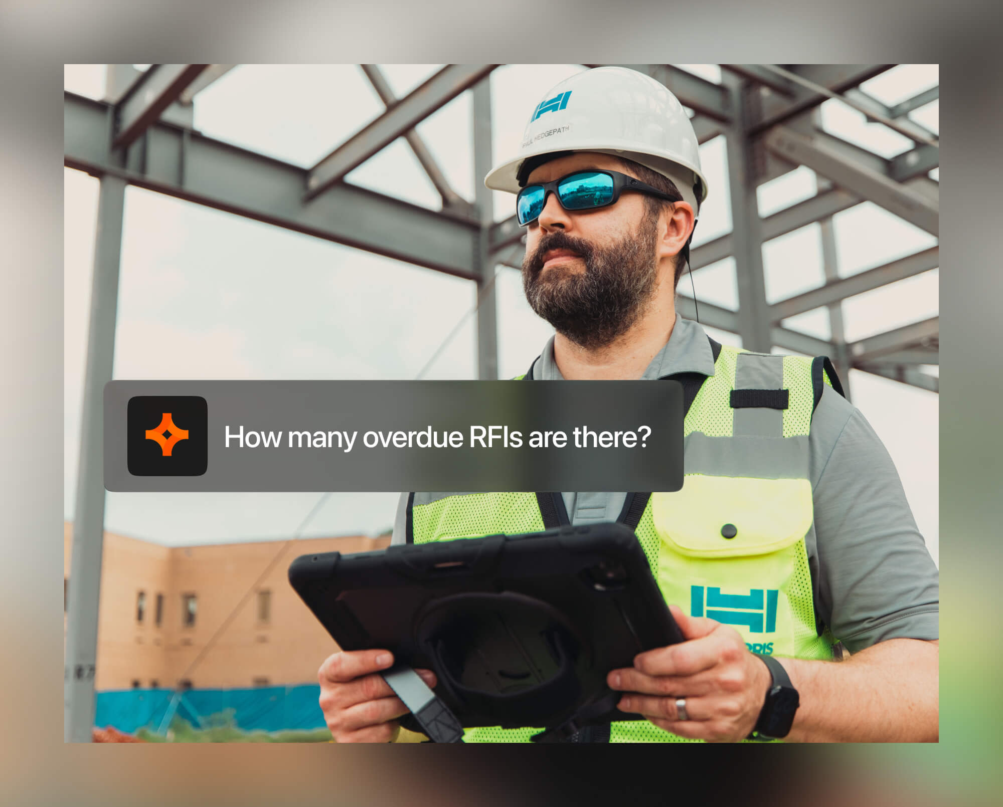 Construction site with project management dashboard and budget analysis overlays.