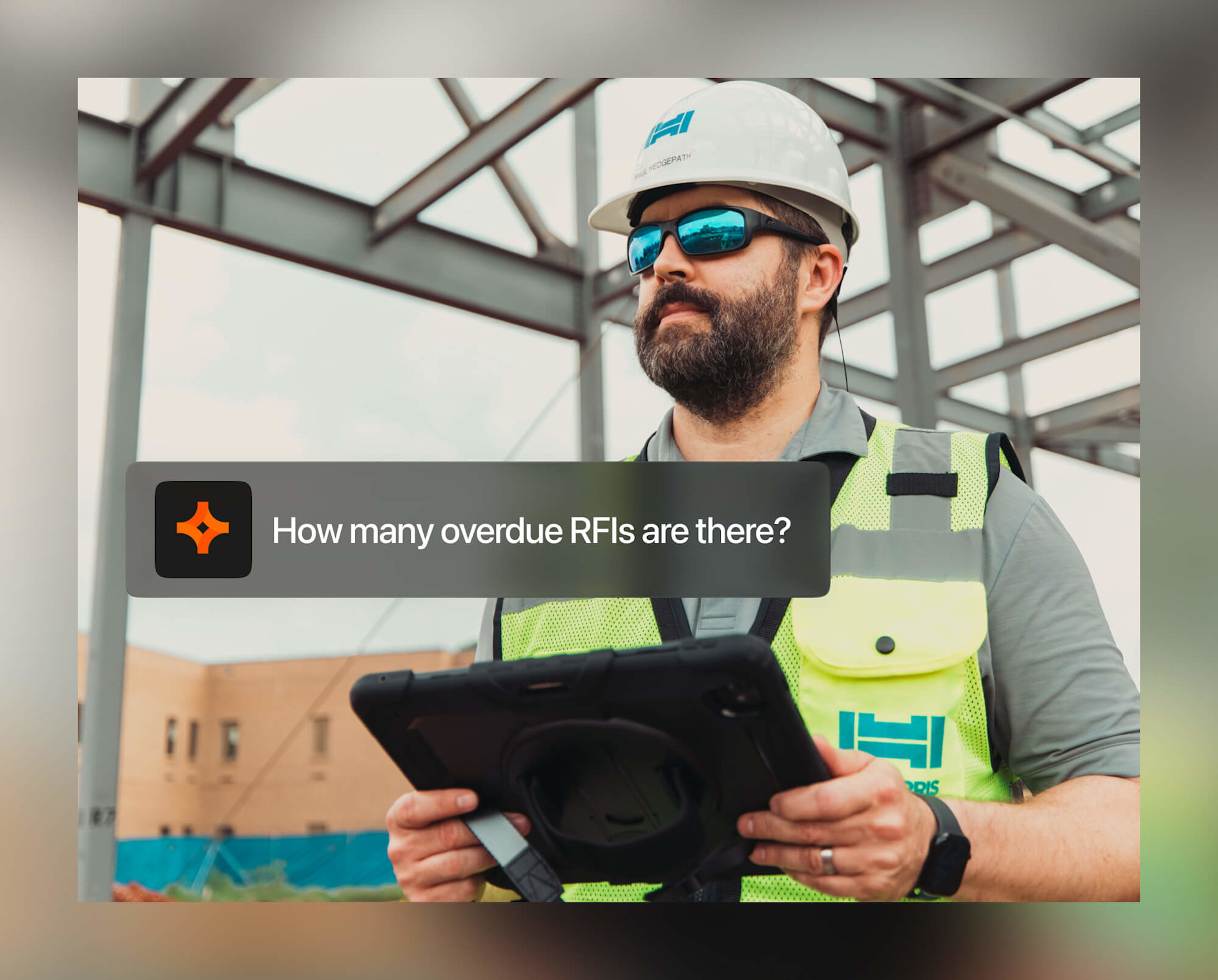 Construction site with project management dashboard and budget analysis overlays.