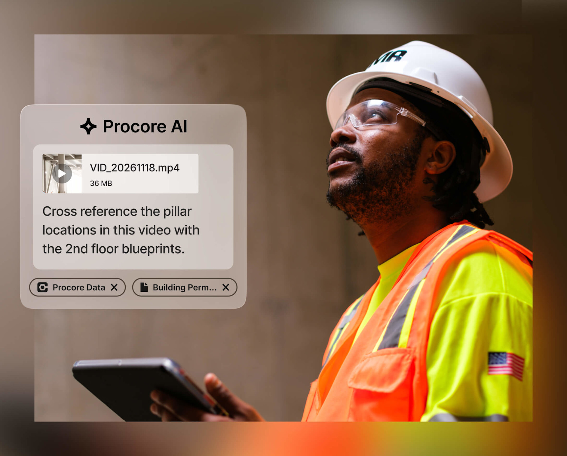 Construction site with project management dashboard and budget analysis overlays.