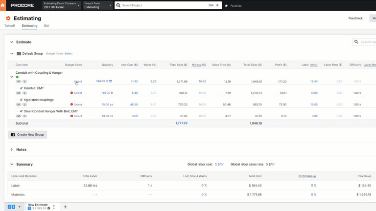 Procore's estimating screen