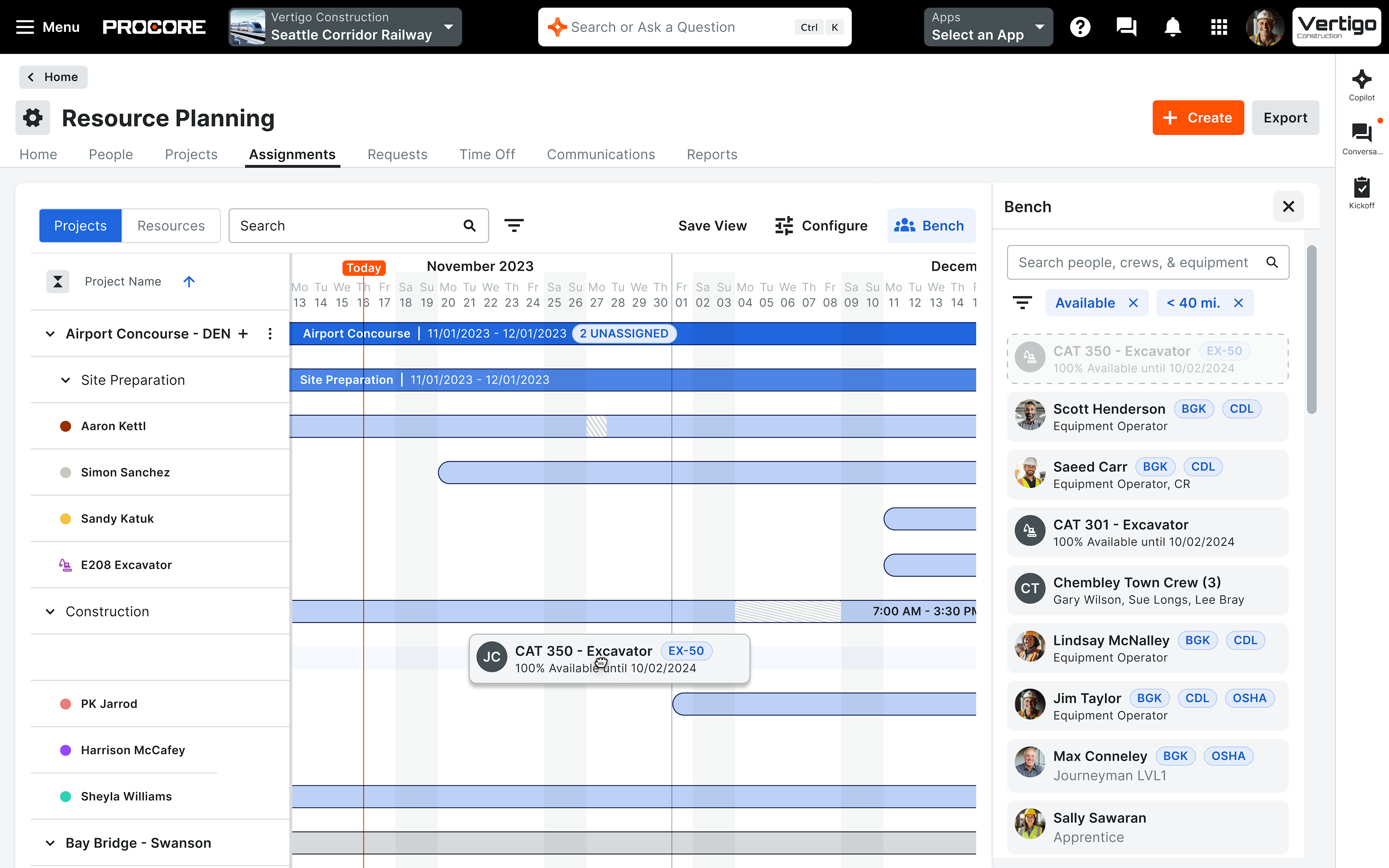 Screen of Procore's Resource Planning product