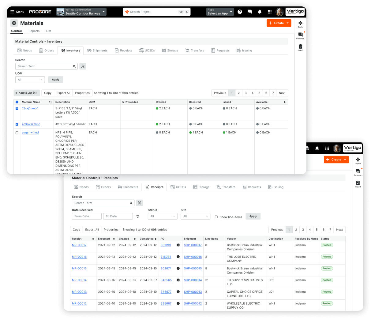 Procore's Material product screens