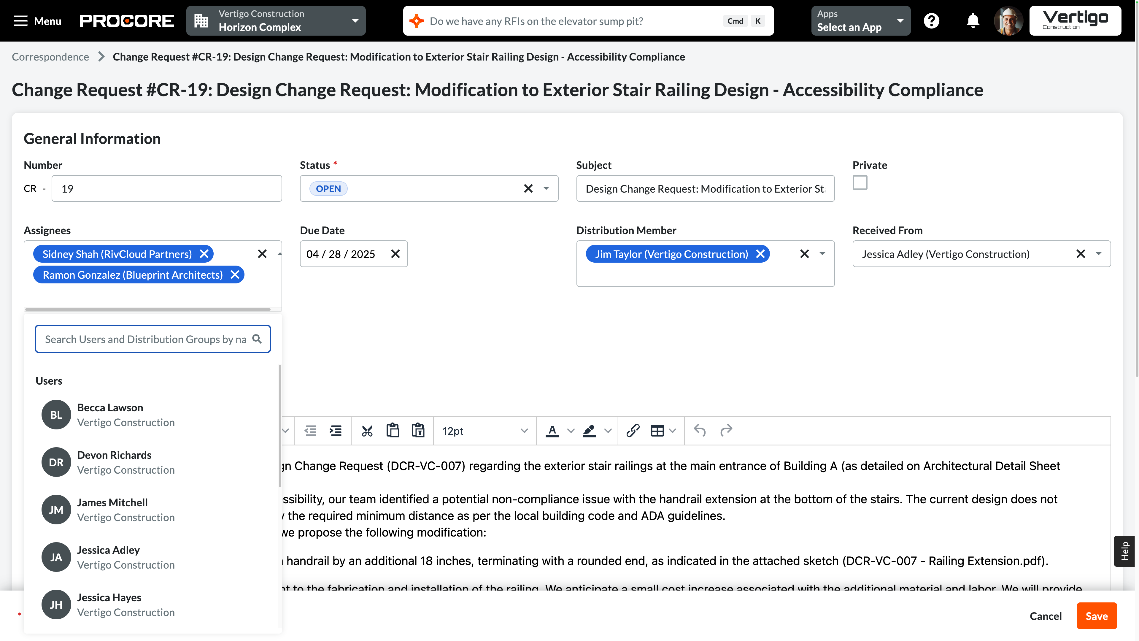 Procore's Correspondence tool product screen