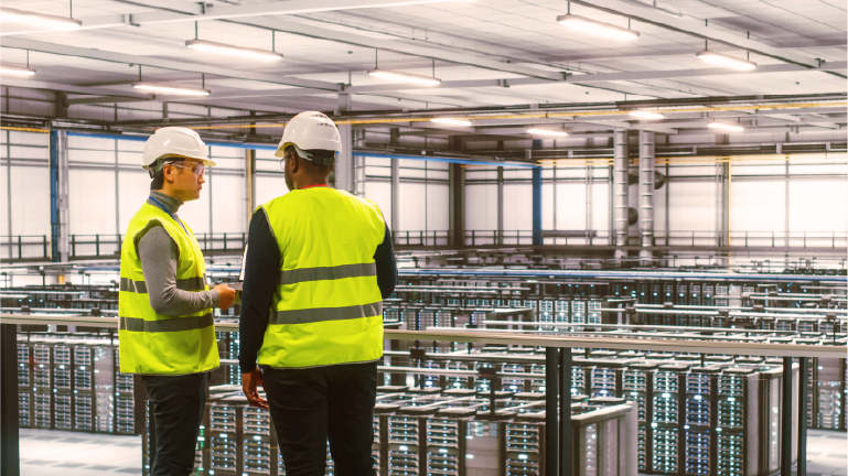 Two contractors talking to each other at a data center