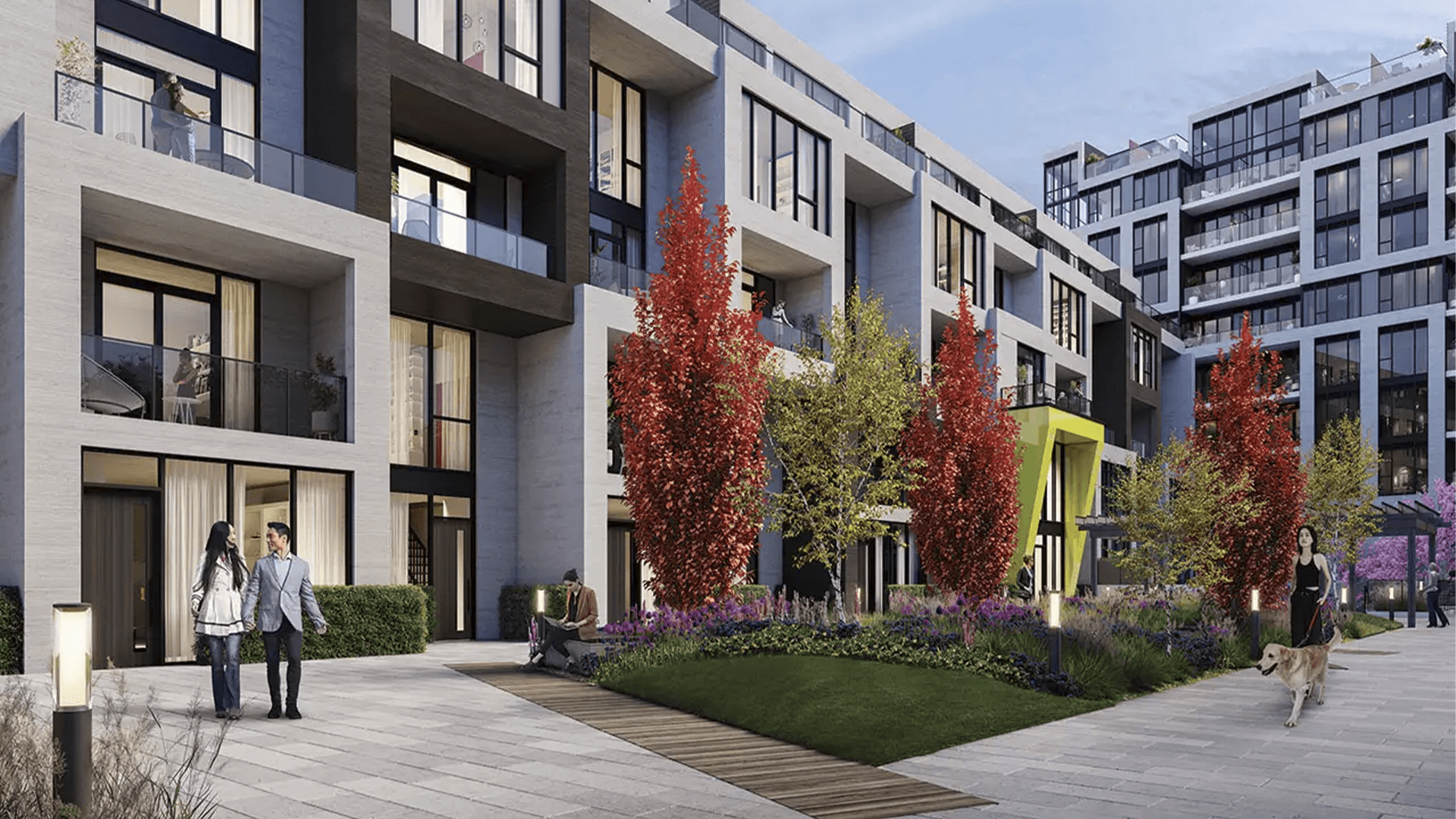 Render image of people walking a building's common area