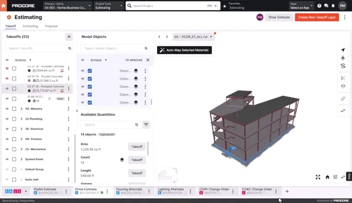 Animation of Procore's Estimating product UI