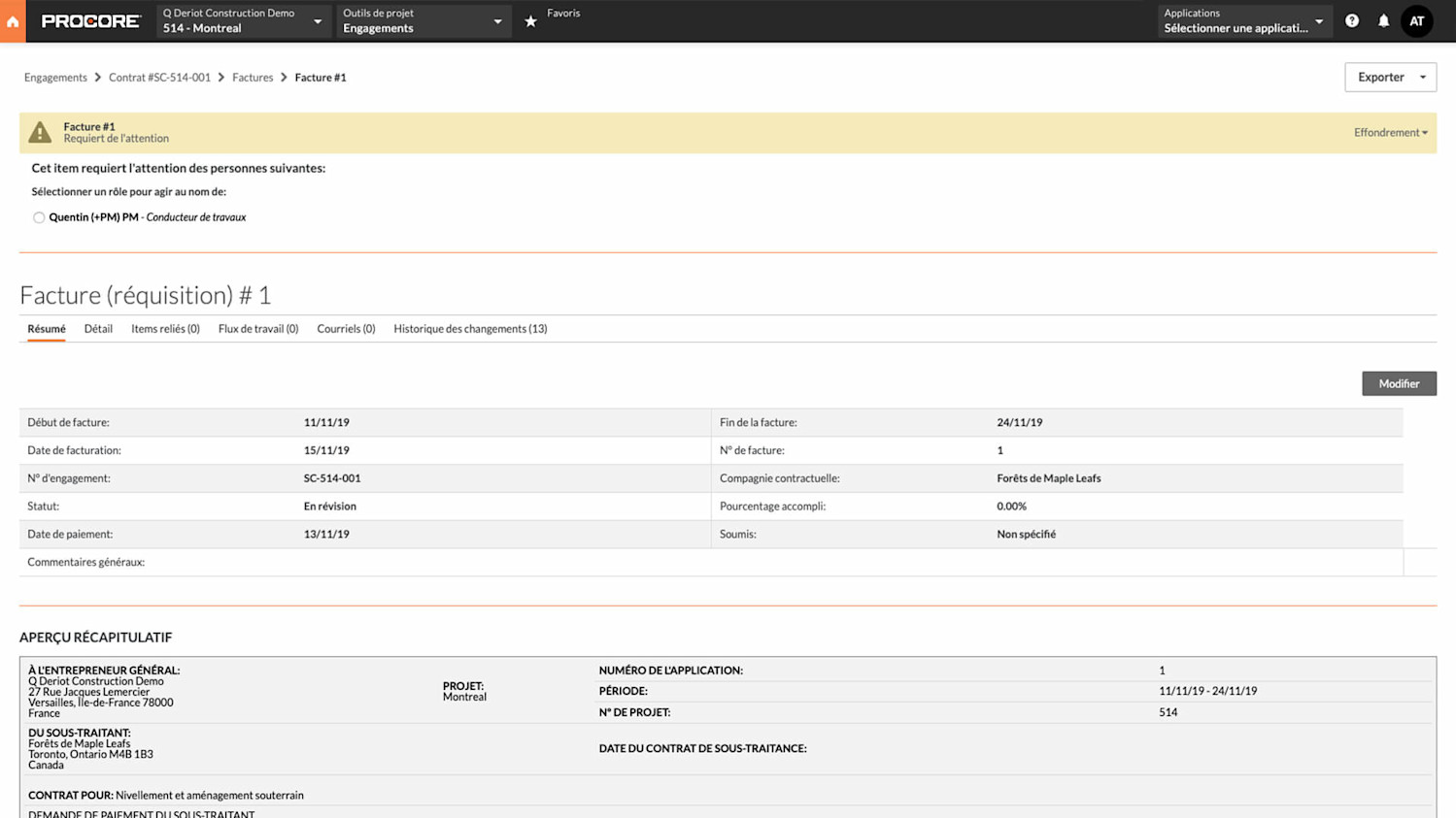 Procore invoice screen